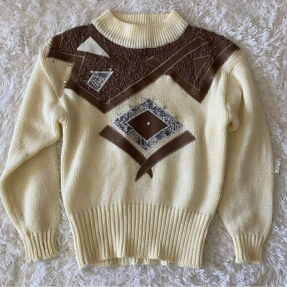 80s Vintage Spice of Life Cream and Brown Embellished Knit Sweater Size M - Picture 4 of 6